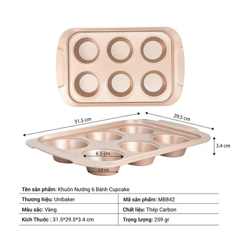 Khuôn Nướng Bánh Cupcake 6 Ô Chống Dính Unibaker MB842 - Dụng Cụ Nhà Bếp Chất Liệu Thép Carbon An Toàn, Phân Tán Nhiệt Đồng Đều