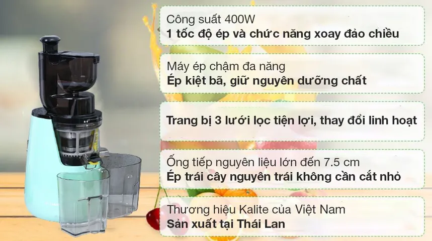 Máy Ép Chậm Kalite KL-598 - Ép Trái Cây Tối Ưu 400W, Thiết Kế Bền Bỉ, Dinh Dưỡng Tối Đa - Phù Hợp Gia Đình và Spa