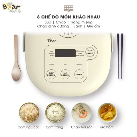 Nồi Cơm Điện Thông Minh Bear SUBE015 (DFB-B20A1) 2L - 8 Chế Độ Nấu Đa Năng, Thiết Kế Nhỏ Gọn, Hiện Đại cho Gia Đình 3-4 Người