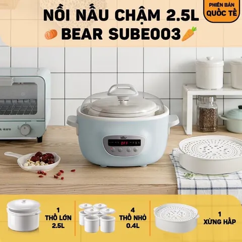 Nồi Nấu Chậm 2.5 Lít Đa Năng Bear SUBE003 - Thông Minh, Tiện Lợi Cho Bé và Gia Đình, 6 Chế Độ Nấu, Bảo Quản Dinh Dưỡng Tốt Nhất