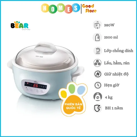 Nồi Nấu Chậm 2.5 Lít Đa Năng Bear SUBE003 - Thông Minh, Tiện Lợi Cho Bé và Gia Đình, 6 Chế Độ Nấu, Bảo Quản Dinh Dưỡng Tốt Nhất