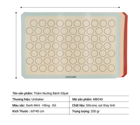 Thảm Nướng Bánh Silpat Unibaker MB040 - Silicone và Sợi Thủy Tinh Chịu Nhiệt - Kích Thước 40x60cm, Chống Dính Dễ Dàng Sử Dụng