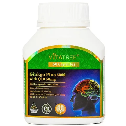Viên bổ não Vitatree Ginkgo Plus 6000 With Q10 50mg - Tăng cường lưu thông máu, cải thiện trí nhớ và giấc ngủ tốt hơn cho người lớn