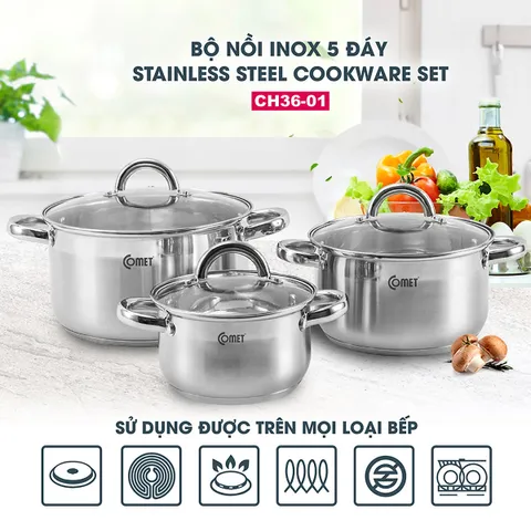 Bộ 3 Nồi Inox 5 Đáy Comet CH36-01 - Chất Liệu Inox 304 Cao Cấp, Thiết Kế Hiện Đại, Dung Tích 1.5L, 3.0L, 5.0L, Bảo Hành Chất Lượng