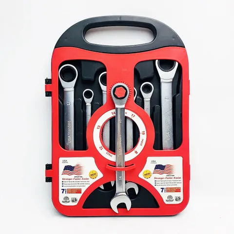 Bộ Cờ Lê Vòng Miệng Sinomax 7 Món Tiêu Chuẩn DIN-ANSI - Độ Chịu Lực Cao Chất Liệu Chrome Vanadium 8-19mm, Hộp Đựng Tiện Dụng