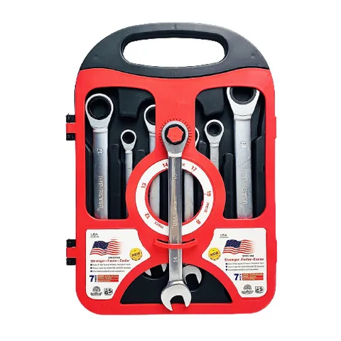 Bộ Cờ Lê Vòng Miệng Sinomax 7 Món Tiêu Chuẩn DIN-ANSI - Độ Chịu Lực Cao Chất Liệu Chrome Vanadium 8-19mm, Hộp Đựng Tiện Dụng