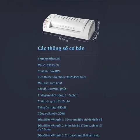 Máy Ép Nhựa Dẻo Deli E3893 A4/A5/B5 - Thiết Bị Bảo Quản Giấy Tờ Đa Năng Tiện Lợi, Công Suất 200W