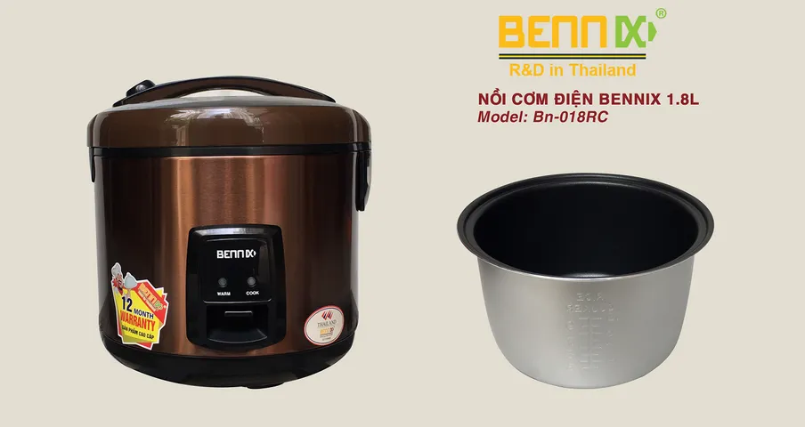 Nồi cơm điện Bennix BN-018RC 1.8L - Thiết kế sang trọng, dung tích 1.8L, phù hợp cho gia đình 5-6 người, giữ ấm và nấu nhanh chóng.