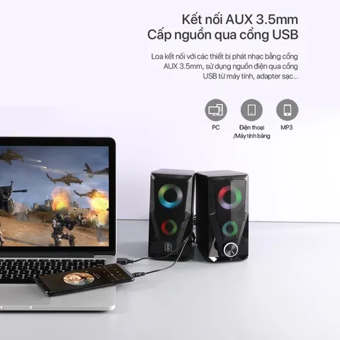 Loa Máy Tính ROBOT RS200 - Đèn LED RGB Đổi Màu, Âm Thanh Mạnh Mẽ, Công Suất 6W, Thiết Kế Gaming, Trải Nghiệm Âm Thanh Cao Cấp