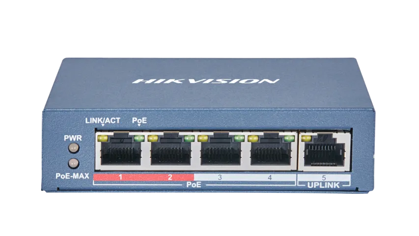 Switch mạng 4 cổng PoE Hikvision DS-3E0105P-E(B) - Thiết bị mạng chuyên dụng cho camera với truyền dẫn 250m, chất lượng hình ảnh sắc nét