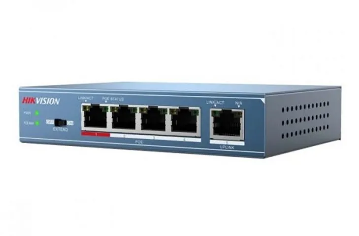 Switch mạng 4 cổng PoE Hikvision DS-3E0105P-E(B) - Thiết bị mạng chuyên dụng cho camera với truyền dẫn 250m, chất lượng hình ảnh sắc nét