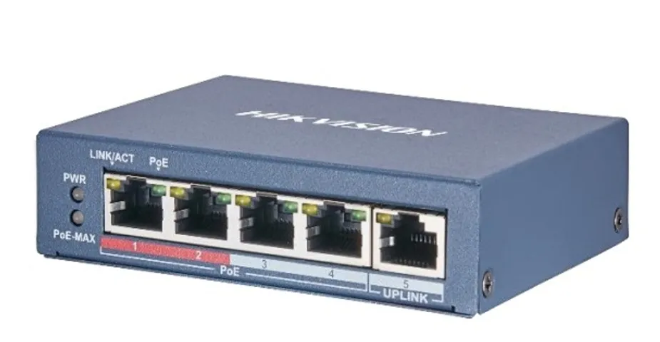 Switch mạng 4 cổng PoE Hikvision DS-3E0105P-E/M(B) - Thiết bị chuyển mạch chính hãng, công suất lớn, kết nối 300m, bảo vệ quá tải 6KV.