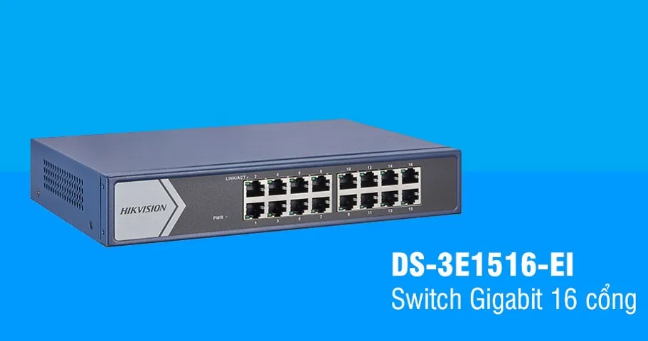 Switch Mạng Gigabit 16 Cổng Hikvision DS-3E1516-EI - Thiết Bị Chuyển Mạch Kim Loại Tốc Độ Cao 23.808 Mpps, Quản Lý Dễ Dàng