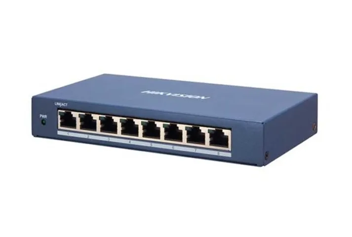 Switch mạng Gigabit 8 cổng Hikvision DS-3E1508-EI - Thiết bị chia mạng kim loại bền, hỗ trợ quản lý băng thông và hiển thị sơ đồ mạng.