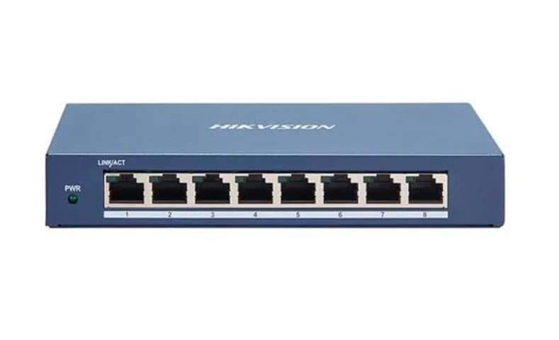 Switch mạng Gigabit 8 cổng Hikvision DS-3E1508-EI - Thiết bị chia mạng kim loại bền, hỗ trợ quản lý băng thông và hiển thị sơ đồ mạng.