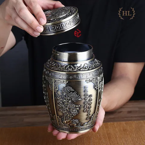 Bình Đựng Trà Hợp Kim Đồng Hoa Văn Cổ 4 Mùa - Trang Trí Nhà Cửa Sang Trọng, Bảo Quản Trà Tối Ưu