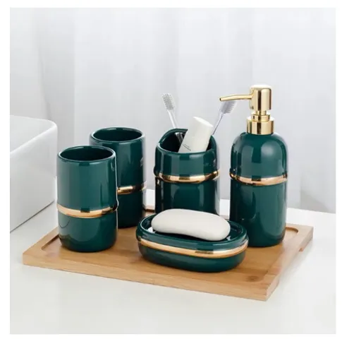 Bộ đồ dùng nhà tắm gốm sứ men xanh trơn viền vàng - Trang trí sang trọng cho không gian hiện đại