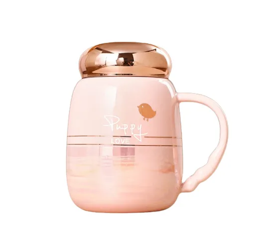 Cốc Sứ Vân Mây Có Nắp Vàng Hồng Ánh Kim - Trang Trí Bàn Học & Quà Tặng Độc Đáo, Dung Tích 380ml