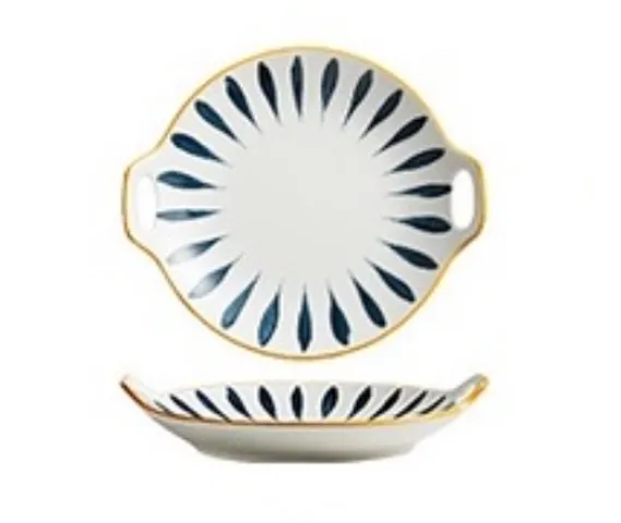 Đĩa sứ thuyền Nhật Bản phong cách Retro - Sứ xương cao cấp, miệng viền vàng kim trang trí, 4 x 23.5cm, phù hợp với lò vi sóng và máy rửa bát