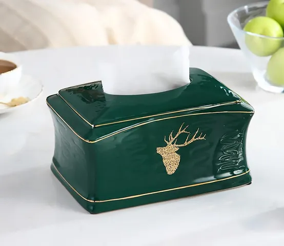 Hộp Đựng Khăn Giấy Gốm Sứ Xanh Ngọc Họa Tiết Nai Sừng Tấm - Phong Cách Bắc Âu Sang Trọng Cho Trang Trí Nhà Cửa