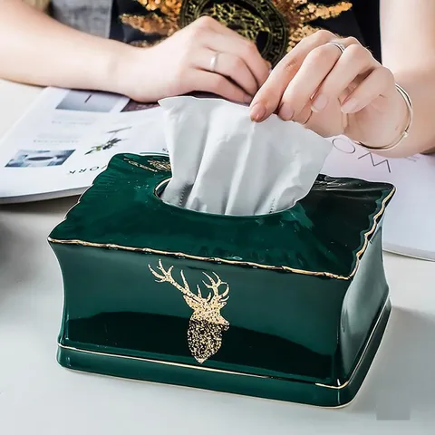 Hộp Đựng Khăn Giấy Gốm Sứ Xanh Ngọc Họa Tiết Nai Sừng Tấm - Phong Cách Bắc Âu Sang Trọng Cho Trang Trí Nhà Cửa