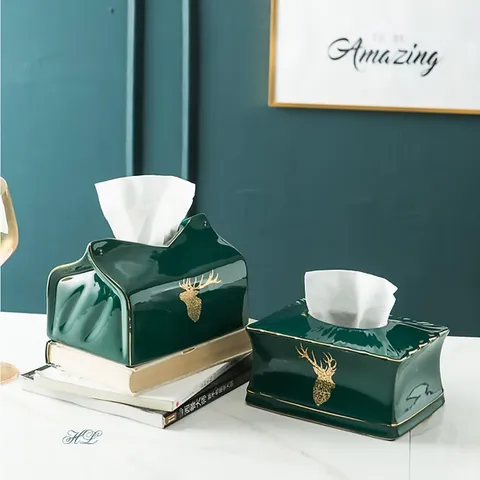 Hộp Đựng Khăn Giấy Gốm Sứ Xanh Ngọc Họa Tiết Nai Sừng Tấm - Phong Cách Bắc Âu Sang Trọng Cho Trang Trí Nhà Cửa