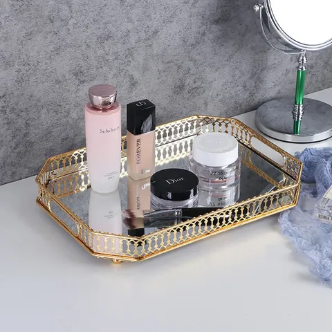Khay Gương Thủy Tinh Decor Sang Trọng - Khung Vàng Cao Cấp, Thiết Kế Hiện Đại, Đựng Cốc, Mỹ Phẩm, Trang Trí Nội Thất