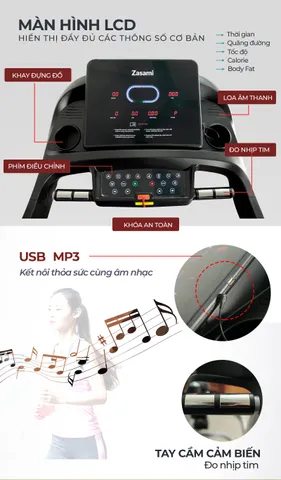 Máy Chạy Bộ Điện Zasami KZ-C202 Đa Năng Gập Gọn - Chạy Tại Nhà, Tập Luyện Hiệu Quả, Vận Tốc Tối Đa 20km/h, Nâng Dốc Tự Động 15%