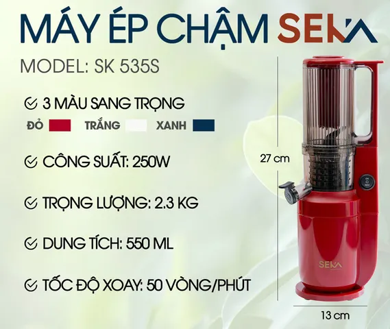 Máy Ép Chậm Seka SK535-S 250W - Thiết Kế Nhỏ Gọn, Ép Kiệt Dưỡng Chất, Tốc Độ 50 Vòng/Phút - Bảo Hành 12 Tháng