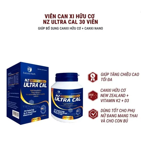 Viên uống Canxi Hữu Cơ Nano NZ-Ultra Cal 30 Viên - Hỗ Trợ Xương Chắc Khỏe với Vitamin D3, K2 MK7 cho Bé và Người Lớn