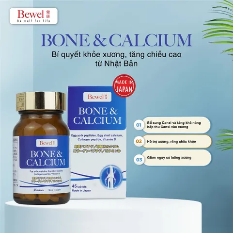 Viên uống tăng chiều cao Waki Bewel Bone & Calcium - Hỗ trợ bổ sung Canxi, chắc khỏe xương cho trẻ em và người lớn, 45 viên