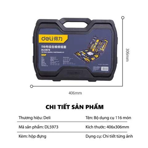 Bộ Dụng Cụ Sửa Đồ Đa Năng 116 Chi Tiết Deli DL5973 - Bộ Sản Phẩm Hữu Ích Cho Mọi Gia Đình, Tiện Lợi Và Đầy Đủ Phụ Kiện