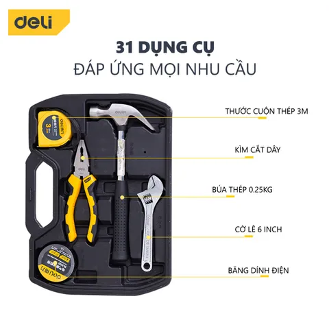 Bộ Dụng Cụ Sửa Chữa Đa Năng 31 Chi Tiết Deli DL5972 - Hộp Dụng Cụ Cầm Tay Chất Lượng, Tiện Lợi cho Gia Đình