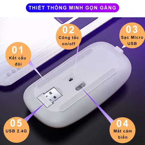Chuột Không Dây Bluetooth Sạc Pin Sidotech M2S - Chuột Giảm Ồn, Kết Nối USB và Bluetooth, Độ Nhạy 1600 DPI, LED RGB 16 Màu