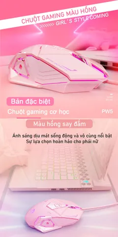 Chuột Gaming Không Dây Màu Hồng SIDOTECH Inphic W5P - Độ Nhạy 4000 DPI, Thiết Kế Đẹp Dành Cho Nữ Game Thủ, Tắt Âm Silent