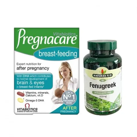 Combo Vitamin cho Phụ Nữ Sau Sinh Pregnacare và Viên Uống Lợi Sữa Fenugreek Natures Aid 500mg - Hỗ Trợ Bổ Sung Dinh Dưỡng và Chất Lượng Sữa Mẹ