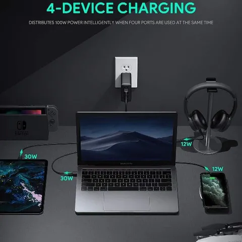 Củ Sạc Nhanh Aukey PA-B7 100W - Sạc Đồng Thời 4 Thiết Bị, Tương Thích iPhone 12 Pro Max, USB Type-C, Chính Hãng