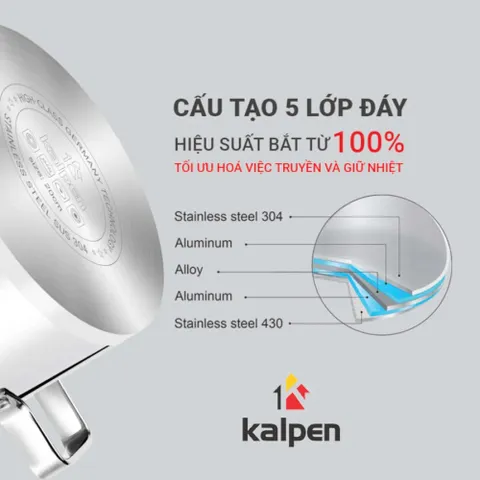 Nồi Inox 304 Cao Cấp 5 Đáy Kalpen Gliter Kèm Vung - Chống Gỉ Sét, Bền Bỉ, Dùng Được Trên Tất Cả Các Loại Bếp