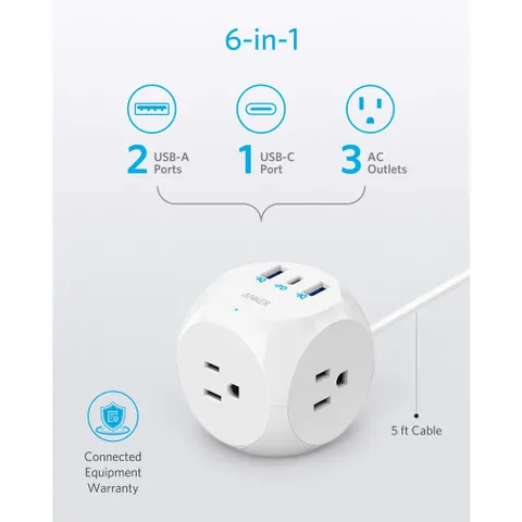 Ổ cắm điện Anker PowerStrip Cube PD3 524 - Sạc Nhanh Type C 30W và 6 Cổng USB, Bảo Vệ An Toàn, Thiết Kế Cube Tiện Dụng