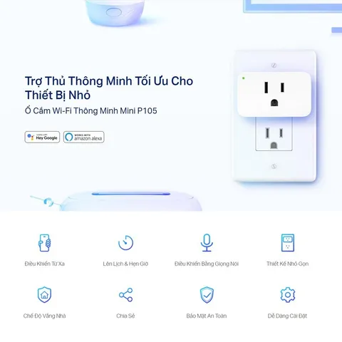Ổ Cắm WiFi Thông Minh TP-Link Tapo P105 - Điều Khiển Từ Xa Qua Ứng Dụng Tapo, Hỗ Trợ Alexa & Google Assistant, Thiết Kế Nhỏ Gọn