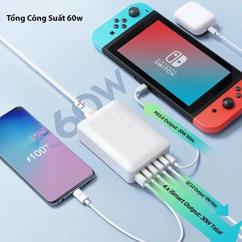 Trạm Sạc Để Bàn Ravpower RP PC029 Pro 6 Cổng, Hỗ Trợ USB PD 3.0, QC3.0 - Sạc Nhanh 60W Cho Mọi Thiết Bị Điện Tử