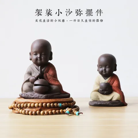 Tượng Chú Tiểu Gõ Mõ Khất Thực Gốm Tử Sa - Vật Phẩm Phong Thủy Trang Trí Góc Làm Việc Tăng Cảm Giác An Nhiên
