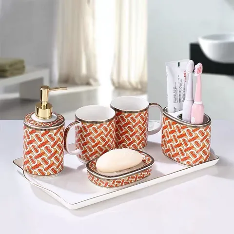 Bộ Đồ Dùng Nhà Tắm Sứ Cao Cấp - Cốc Đựng Bàn Chải Đánh Răng, Khay Xà Phòng, Lọ Nước Rửa Tay Đẹp Mắt, Họa Tiết Tinh Xảo