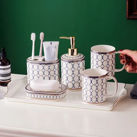 Bộ Đồ Dùng Nhà Tắm Sứ Cao Cấp - Cốc Đựng Bàn Chải Đánh Răng, Khay Xà Phòng, Lọ Nước Rửa Tay Đẹp Mắt, Họa Tiết Tinh Xảo
