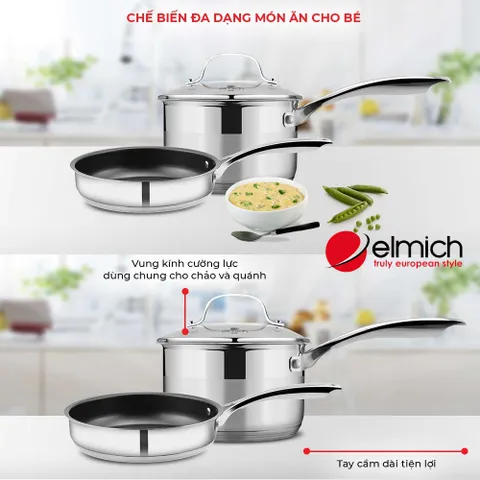 Bộ Nồi Quánh và Chảo Inox 5 Đáy Elmich Baby EL3795 - Kích Thước 16cm, Chống Dính, Thích Hợp Nấu Ăn Nhỏ Cho Bé, Tiện Dụng Hàng Ngày