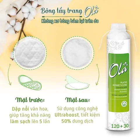 Bông Tẩy Trang Ola Cotton Pads 150 Miếng - 100% Cotton Tự Nhiên, Mềm Mịn, Dành Cho Da Nhạy Cảm, Xuất Xứ Ba Lan
