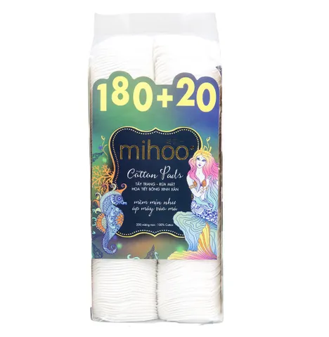 Bông Tẩy Trang Tròn Mihoo Mermaid Cotton Pads - 200 Miếng 100% Cotton Tự Nhiên, Dễ Dùng, Không Xơ, Dịu Nhẹ Cho Mọi Loại Da