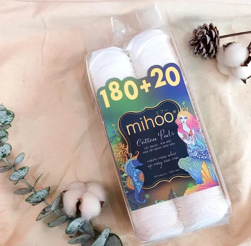 Bông Tẩy Trang Tròn Mihoo Mermaid Cotton Pads - 200 Miếng 100% Cotton Tự Nhiên, Dễ Dùng, Không Xơ, Dịu Nhẹ Cho Mọi Loại Da