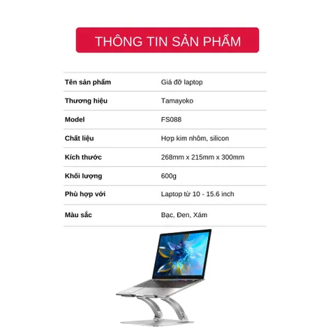 Giá Đỡ Máy Tính, Laptop Hợp Kim Nhôm Tamayoko FS-088 - Thiết Kế Công Thái Học, Chống Mỏi Cổ Vai, Phù Hợp Macbook 10-15.6 inch