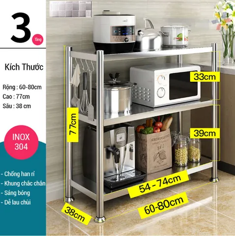 Kệ inox lắp ghép 3 tầng Kalpen KIN3K60/80 - Chất liệu inox 304 bền đẹp, chịu lực 600kg, tiện dụng cho mọi không gian nhà bếp và phòng ngủ